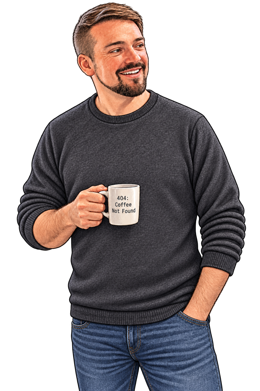 Illustration of Chris smiling with a mug reading 404: Coffee Not Found